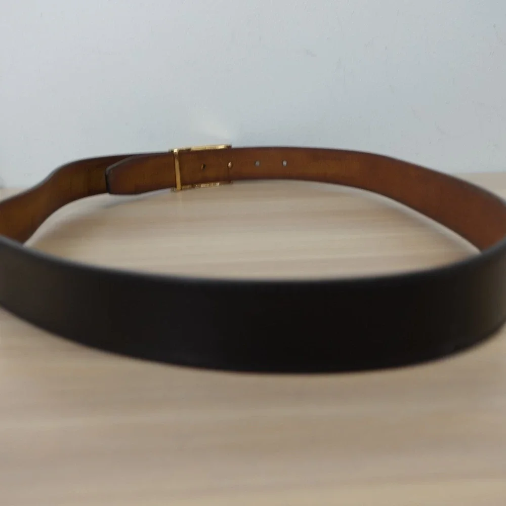 DUNHILL Black Leather Belt Mens 36 Genuine Cowhide Gold Plated Buckle SLIM